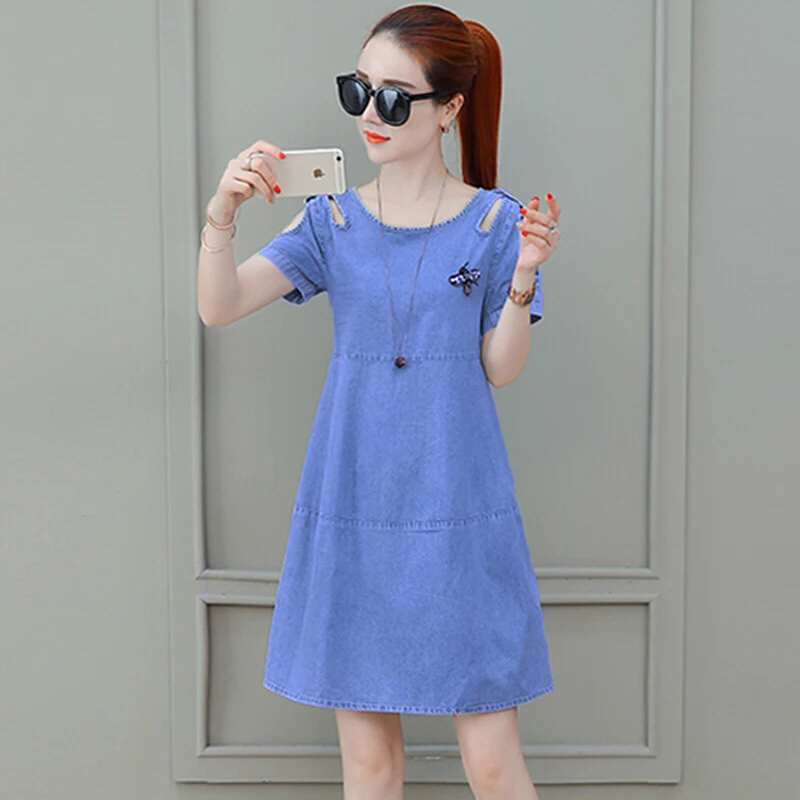 ĐẦM JEAN SUÔNG CUTOUT VAI ĐÍNH CON ONG - NJ957